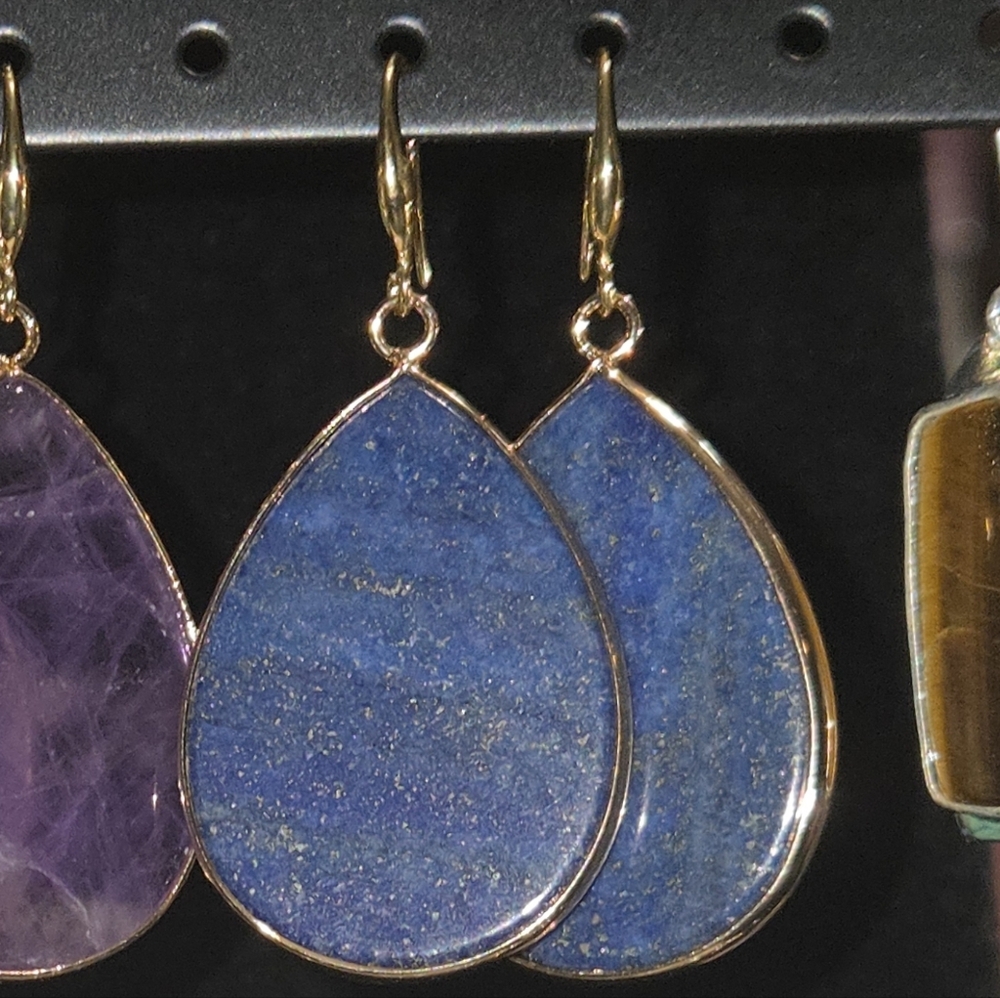 Beautiful Natural Lapis Lazuli Teardrop Shape Slab Drop Earrings